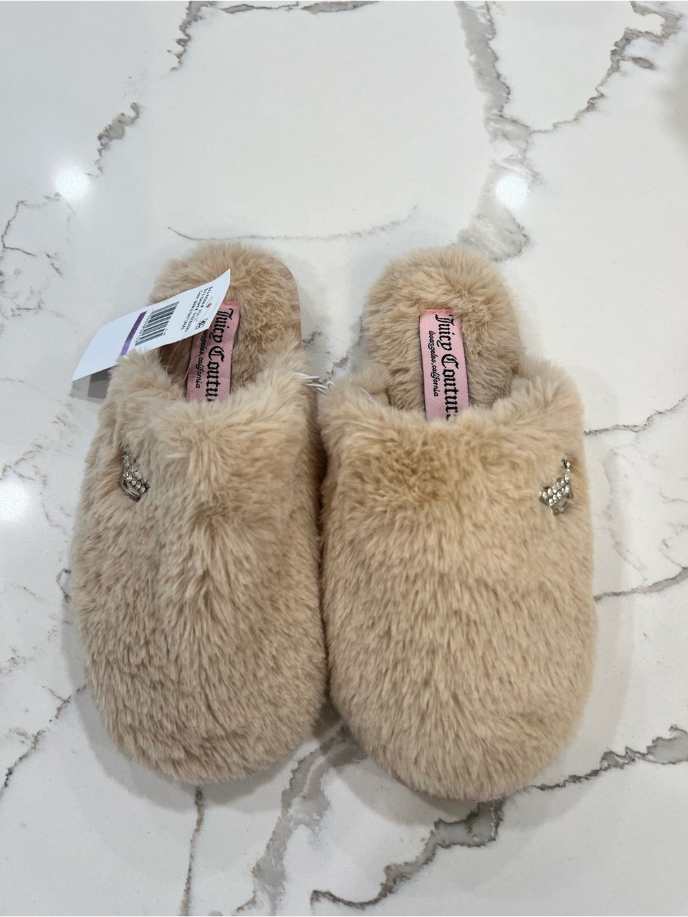 NWT Juicy Couture Tan Faux Fur Slip-On Slippers with Rhinestone small (5-6)